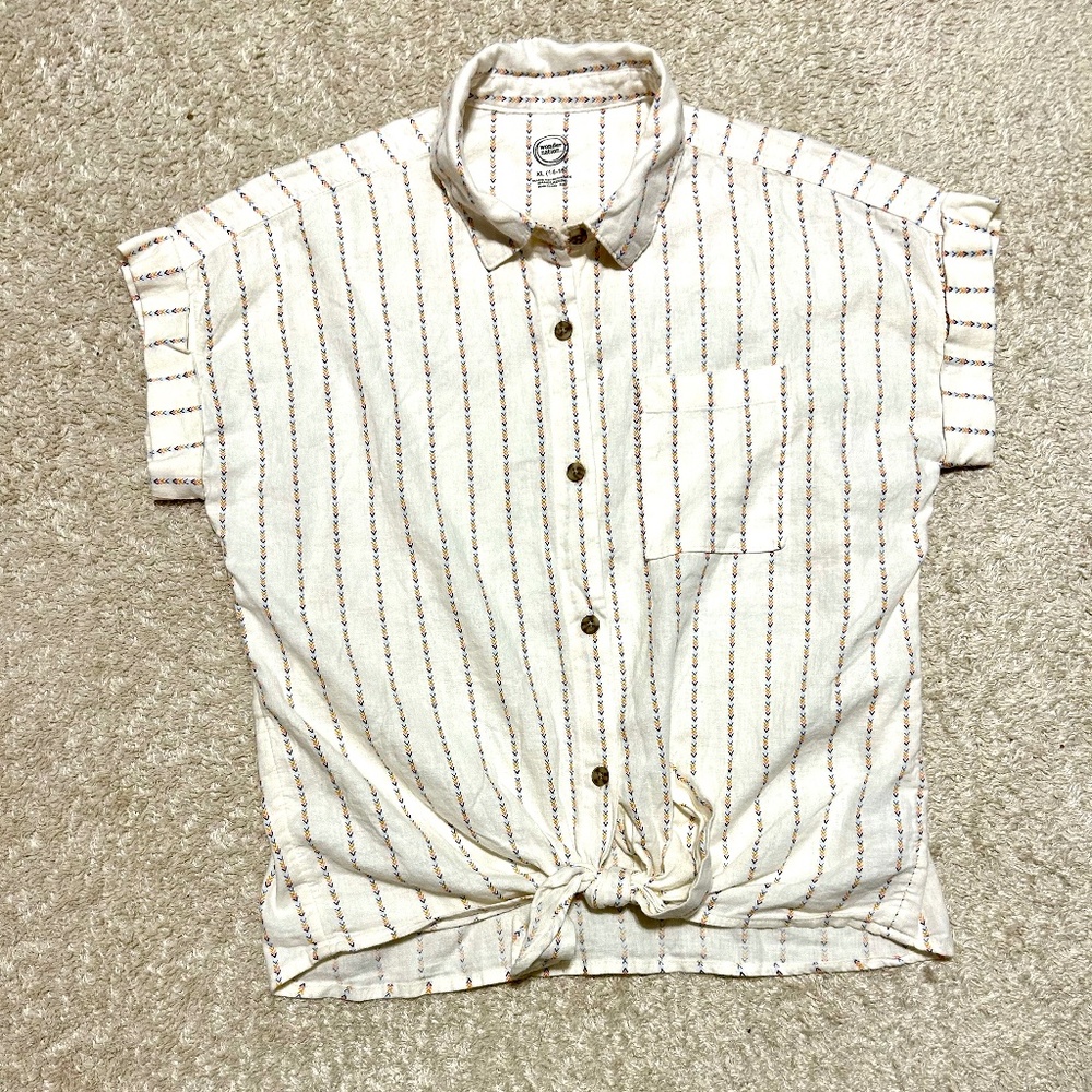 Cream button-down w/ tie-front top, Youth XL/Women's XS